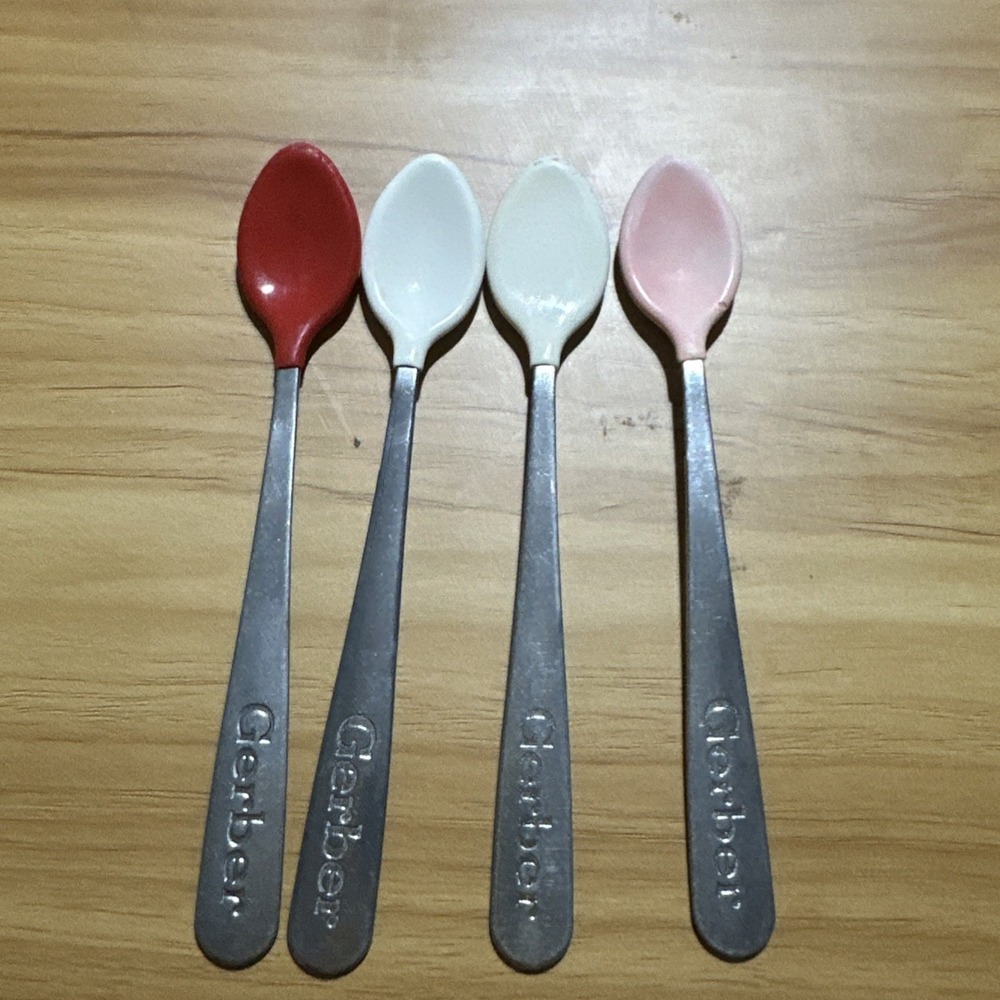 GERBER Lot of 4 baby spoons soft tip Made In USA Stainless Red Pink White
